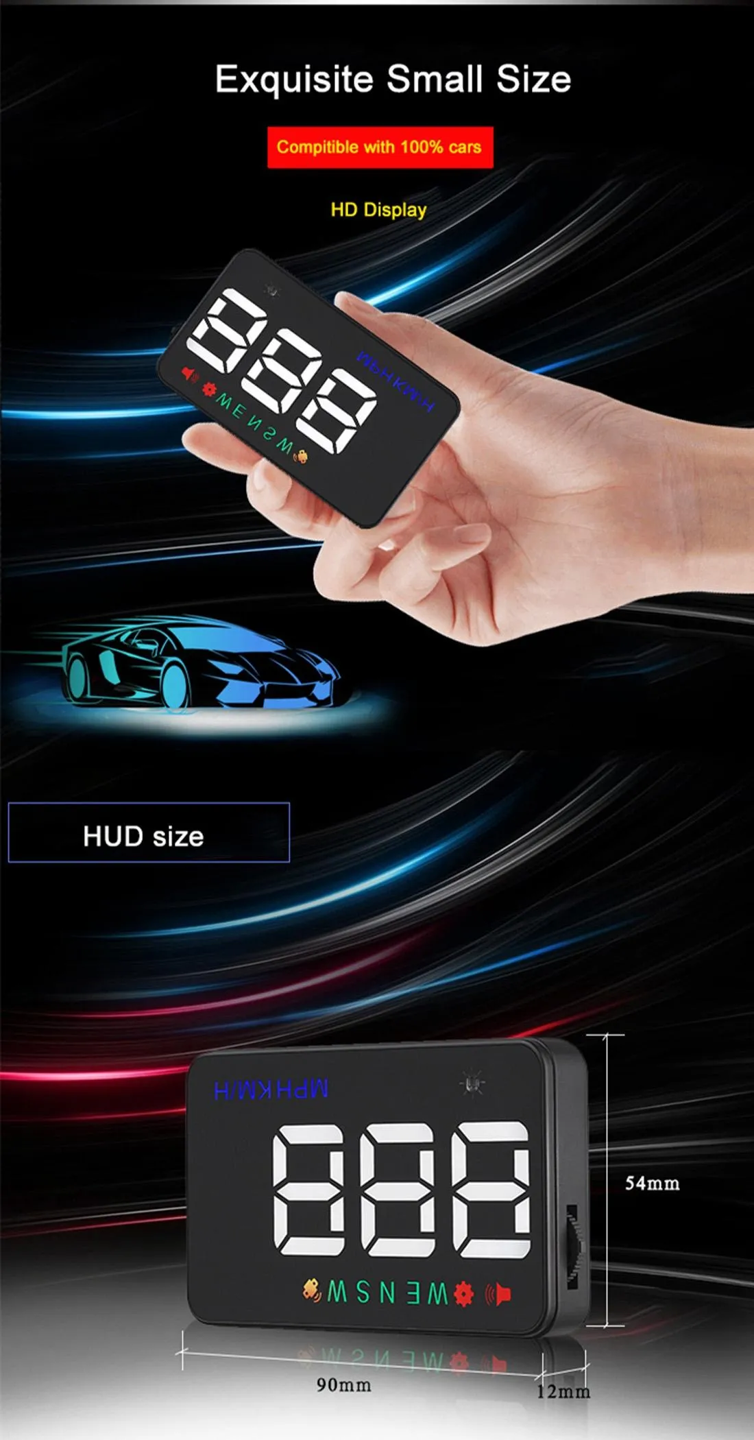 3.5 Inch Car Hud With Gps 2 Display Modes Light Sensors Speed & Compass Speed Alarm