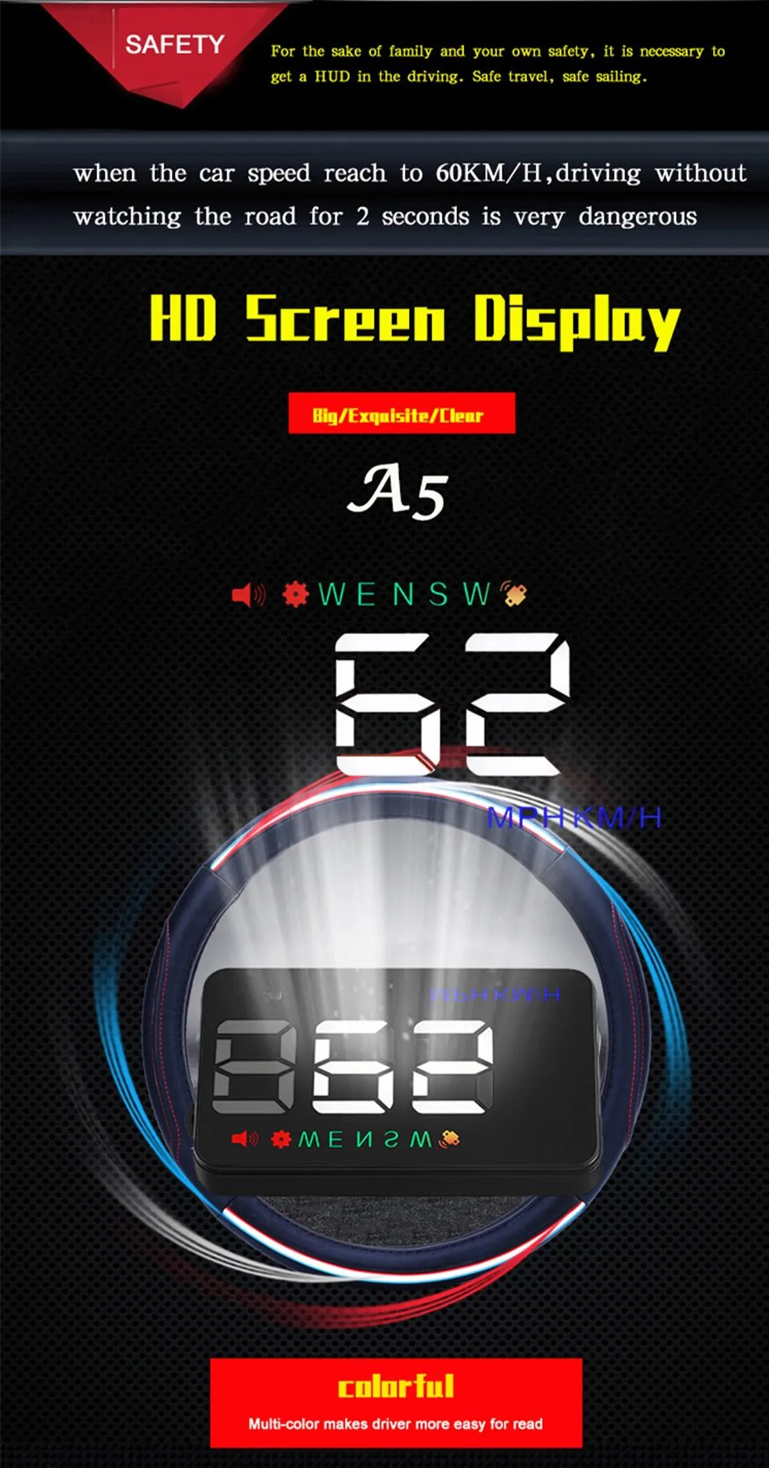 3.5 Inch Car Hud With Gps 2 Display Modes Light Sensors Speed & Compass Speed Alarm