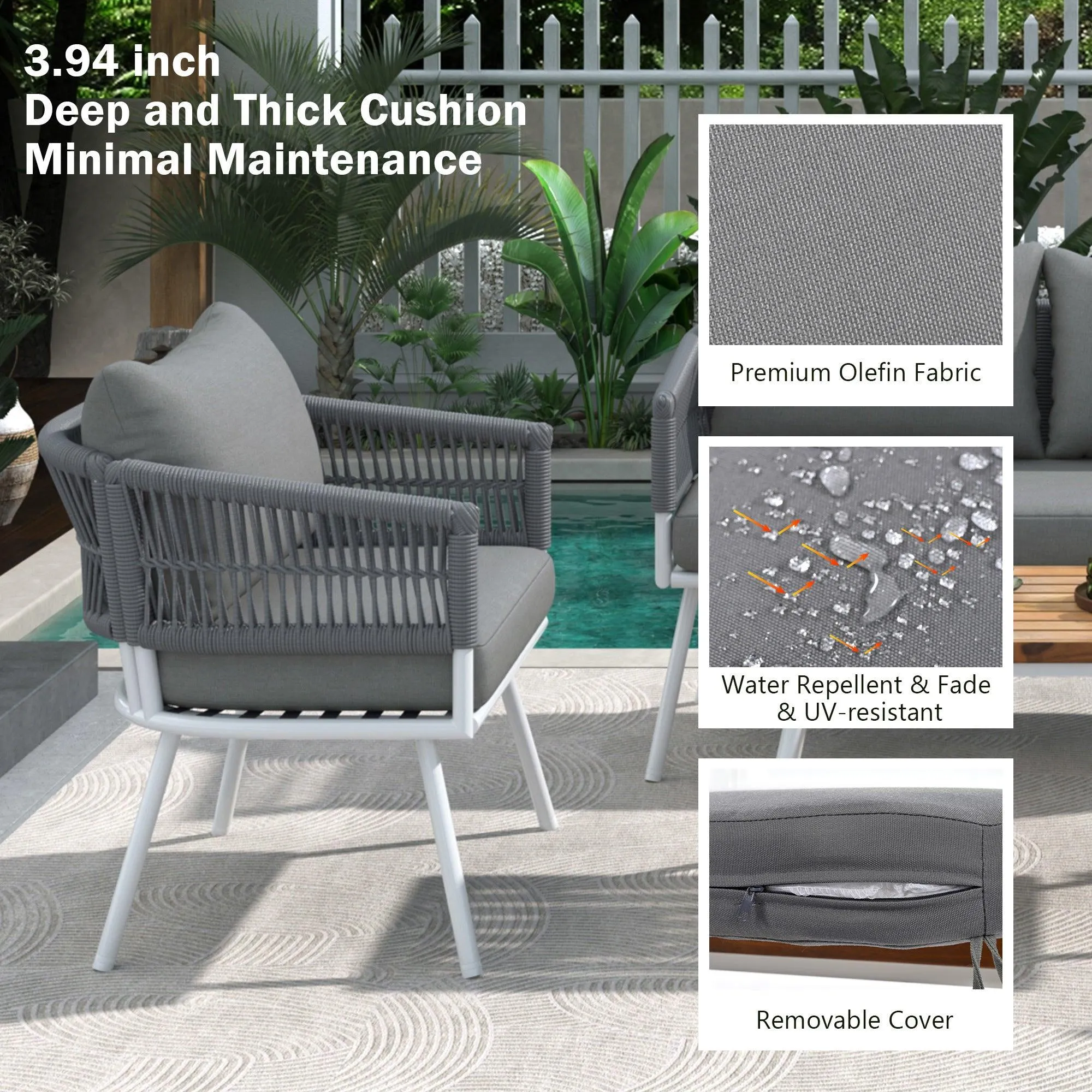 4-Piece Boho Rope Patio Furniture Set, Acacia Wood Table, Deep Seating & Cushions, Grey