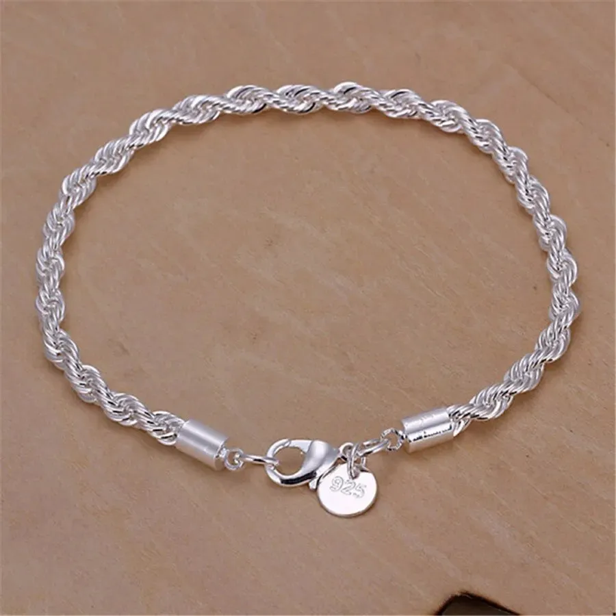 4mm Silver Twisted Rope Necklace Bracelet Set High Quality Jewelry for Men Women