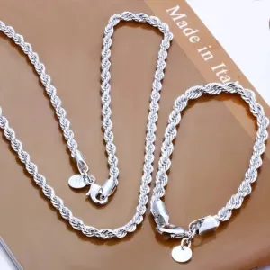 4mm Silver Twisted Rope Necklace Bracelet Set High Quality Jewelry for Men Women