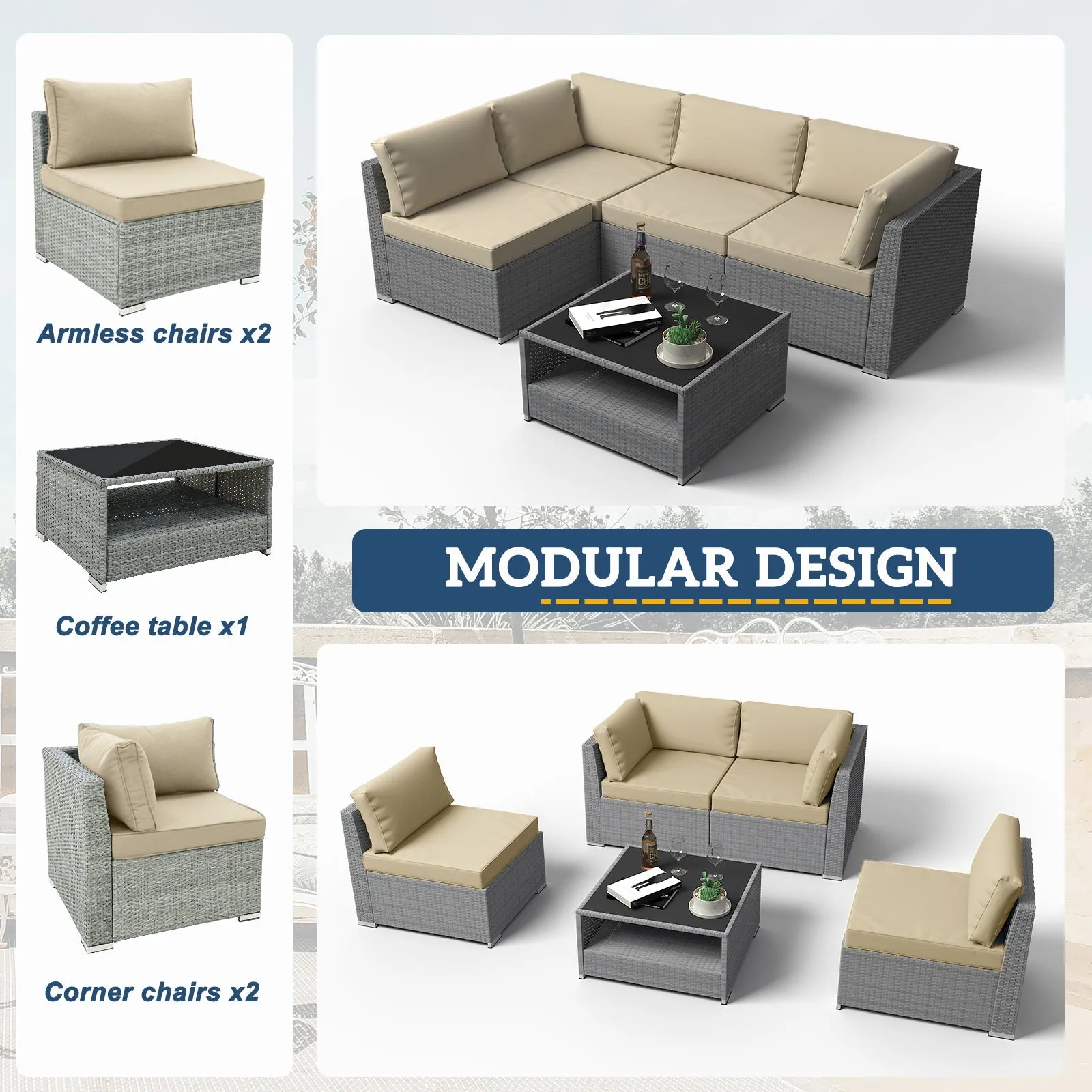 5 Piece Outdoor Wicker Patio Furniture Set with Coffee Table for 4 People