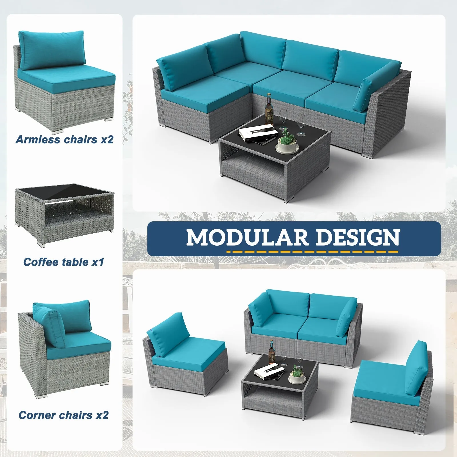 5 Piece Outdoor Wicker Patio Furniture Set with Coffee Table for 4 People