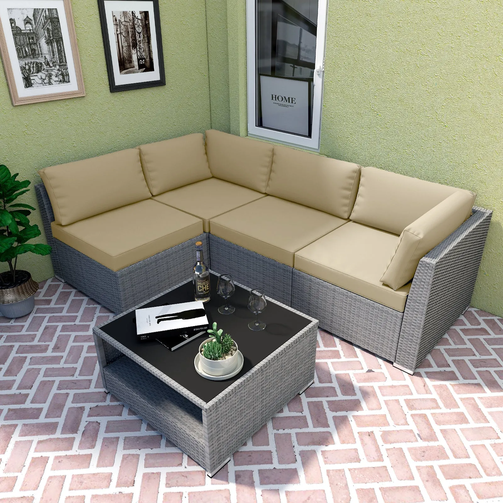 5 Piece Outdoor Wicker Patio Furniture Set with Coffee Table for 4 People