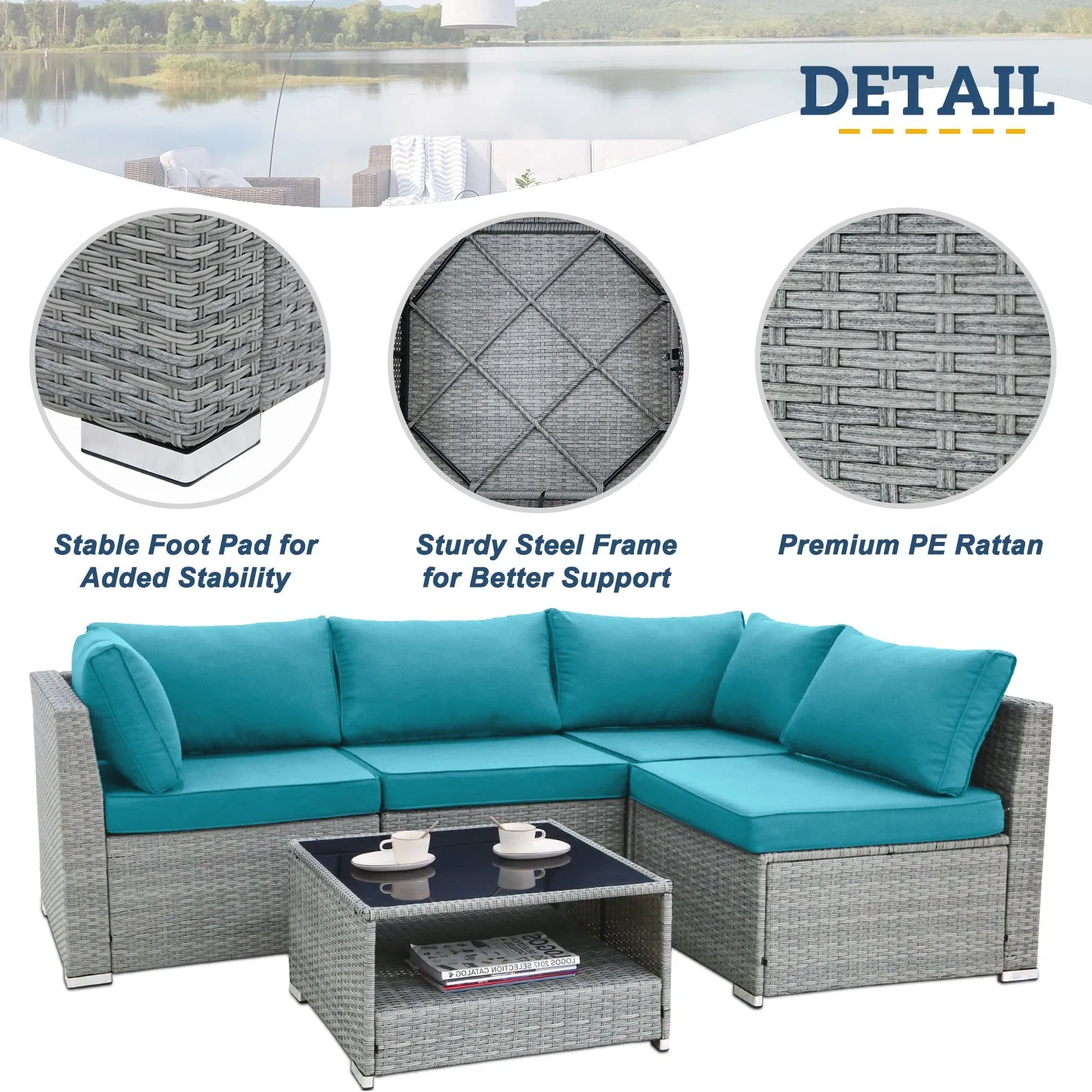 5 Piece Outdoor Wicker Patio Furniture Set with Coffee Table for 4 People