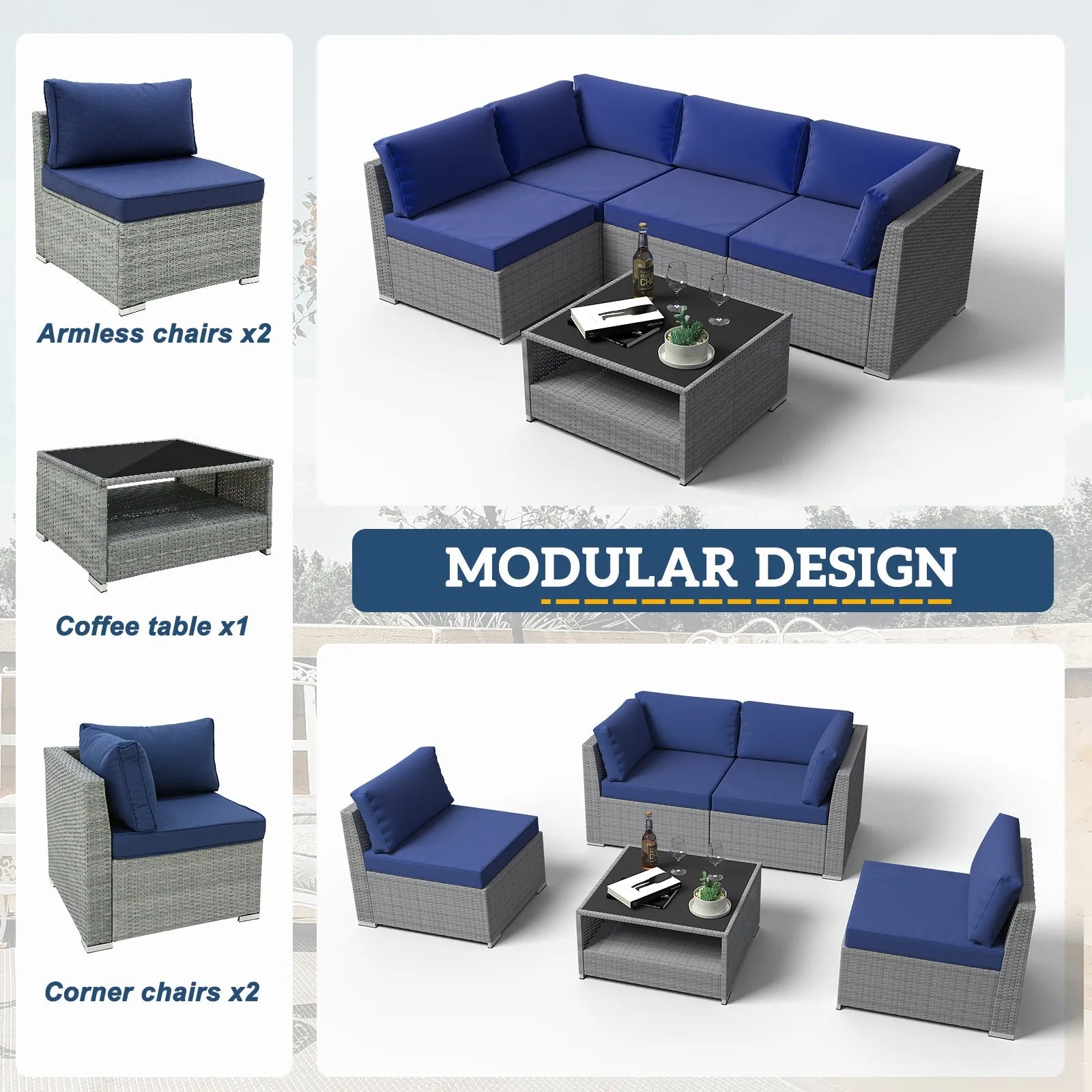 5 Piece Outdoor Wicker Patio Furniture Set with Coffee Table for 4 People