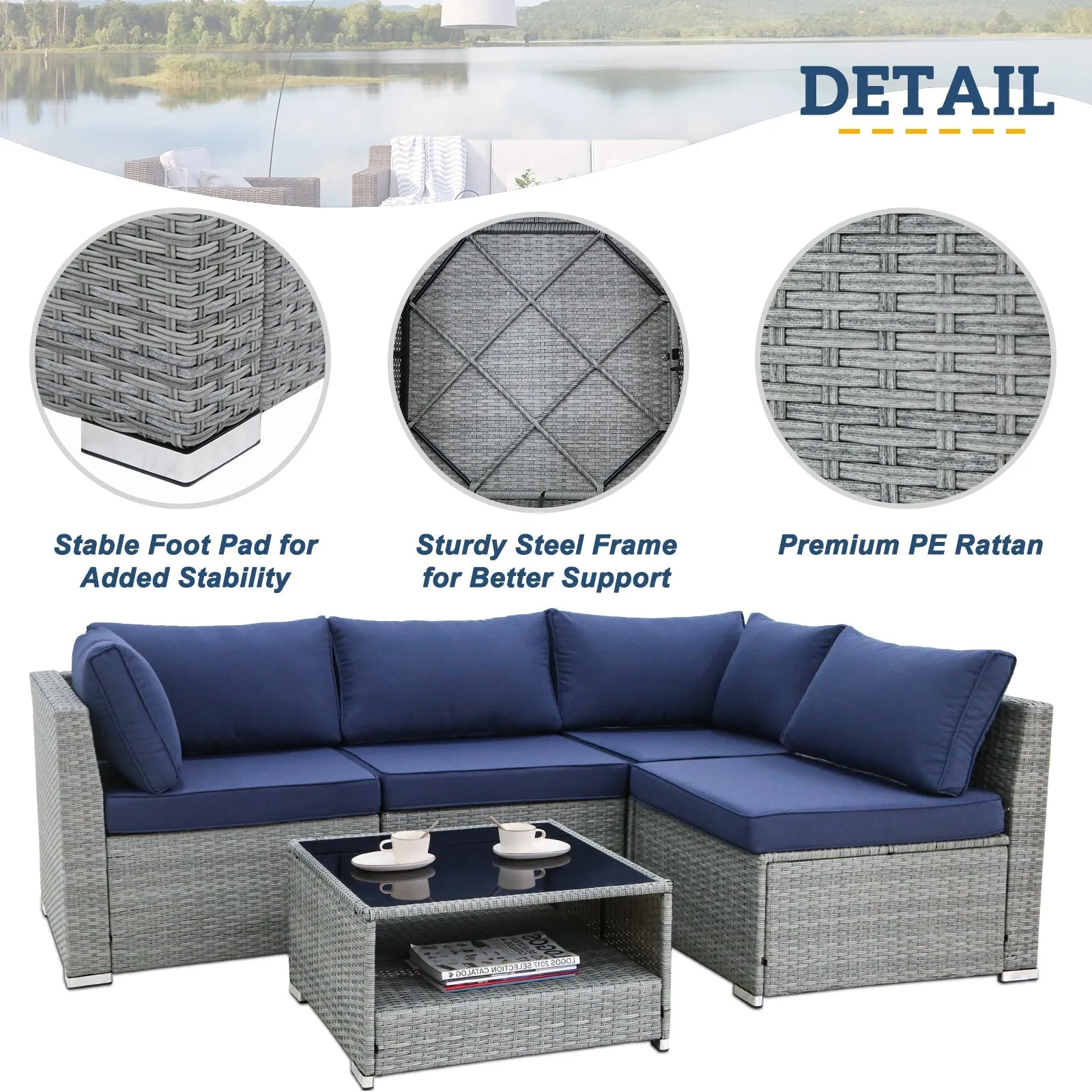 5 Piece Outdoor Wicker Patio Furniture Set with Coffee Table for 4 People