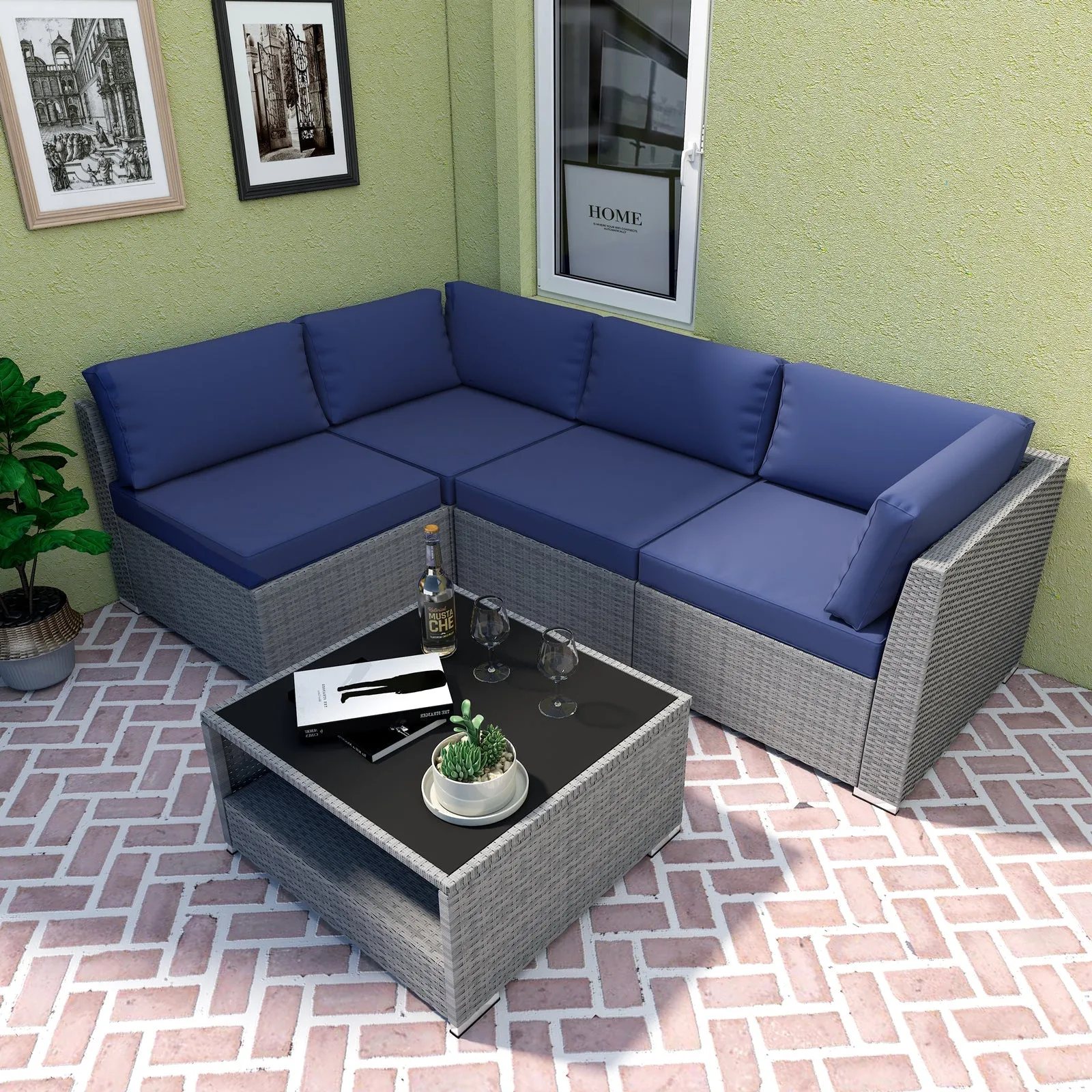 5 Piece Outdoor Wicker Patio Furniture Set with Coffee Table for 4 People
