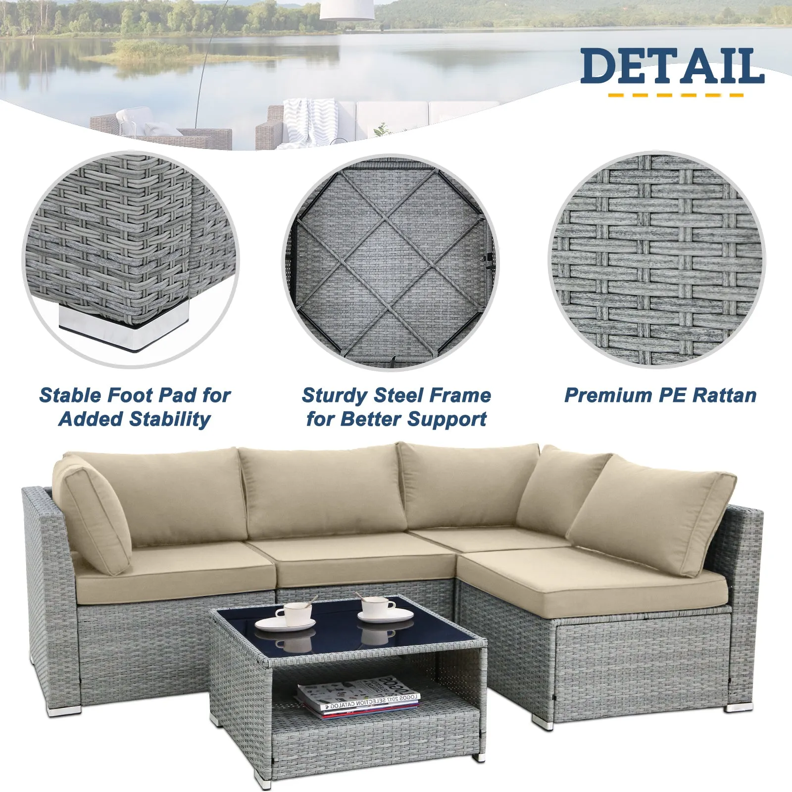 5 Piece Outdoor Wicker Patio Furniture Set with Coffee Table for 4 People
