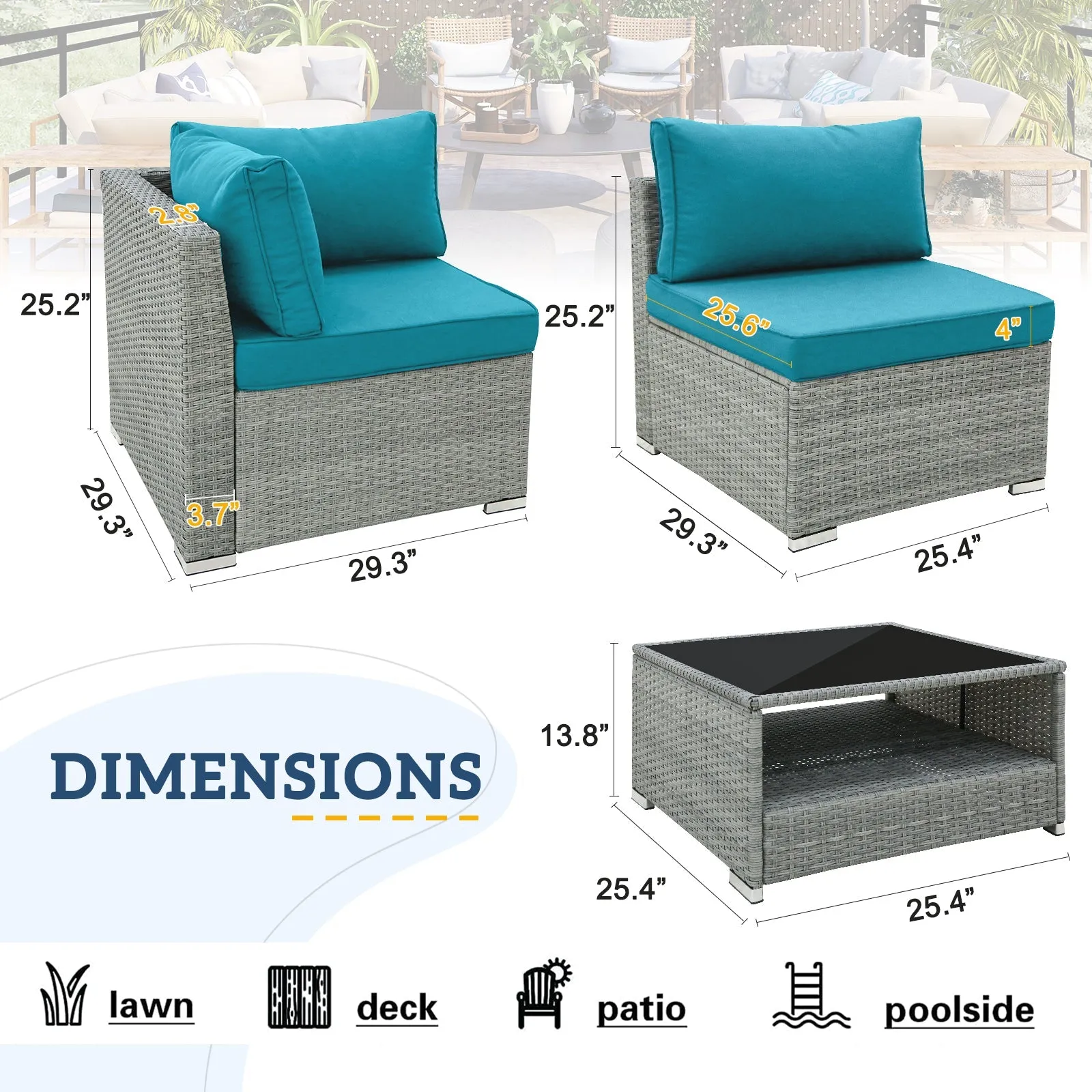 5 Piece Outdoor Wicker Patio Furniture Set with Coffee Table for 4 People