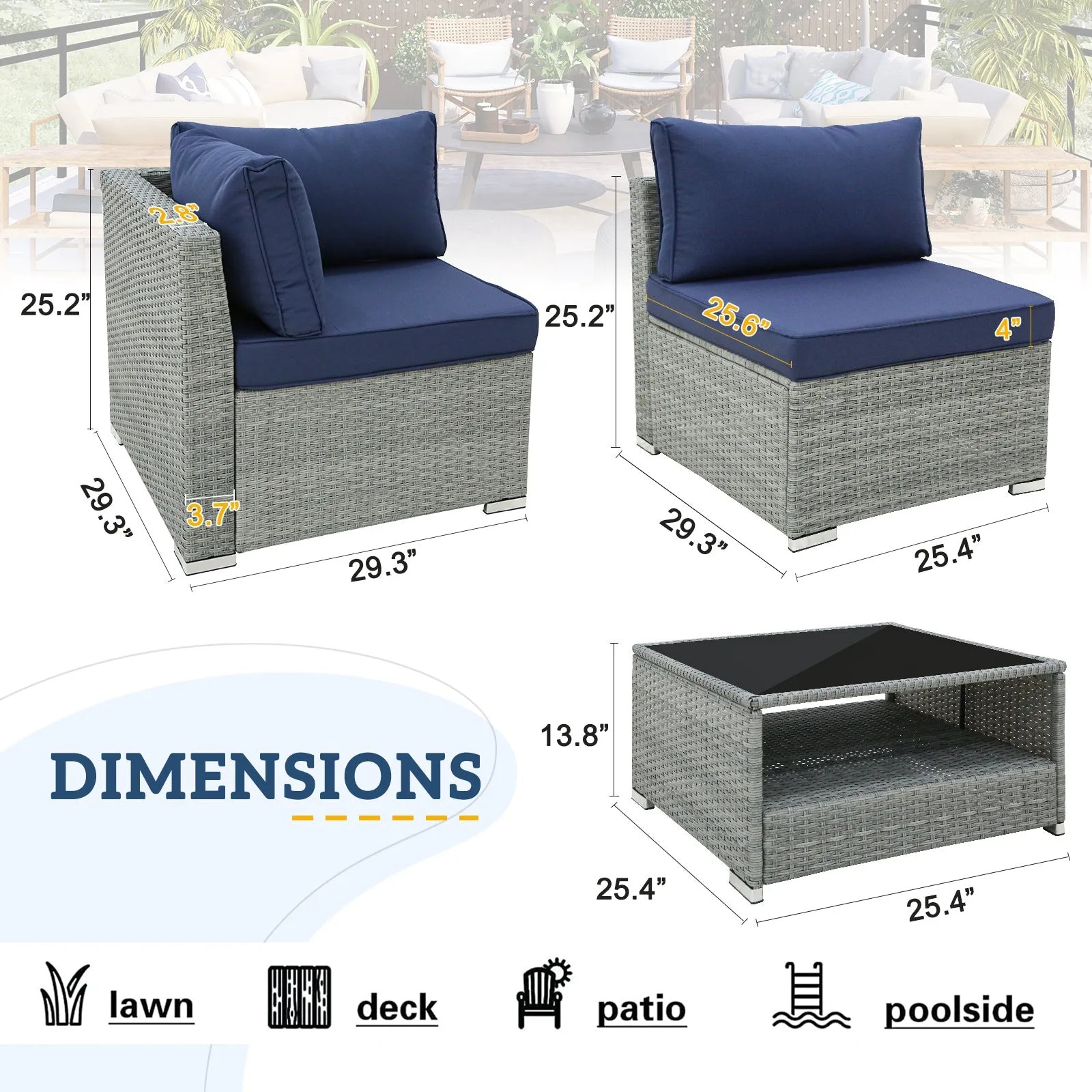 5 Piece Outdoor Wicker Patio Furniture Set with Coffee Table for 4 People
