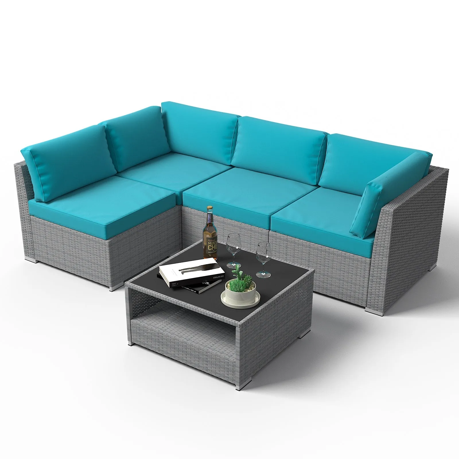 5 Piece Outdoor Wicker Patio Furniture Set with Coffee Table for 4 People