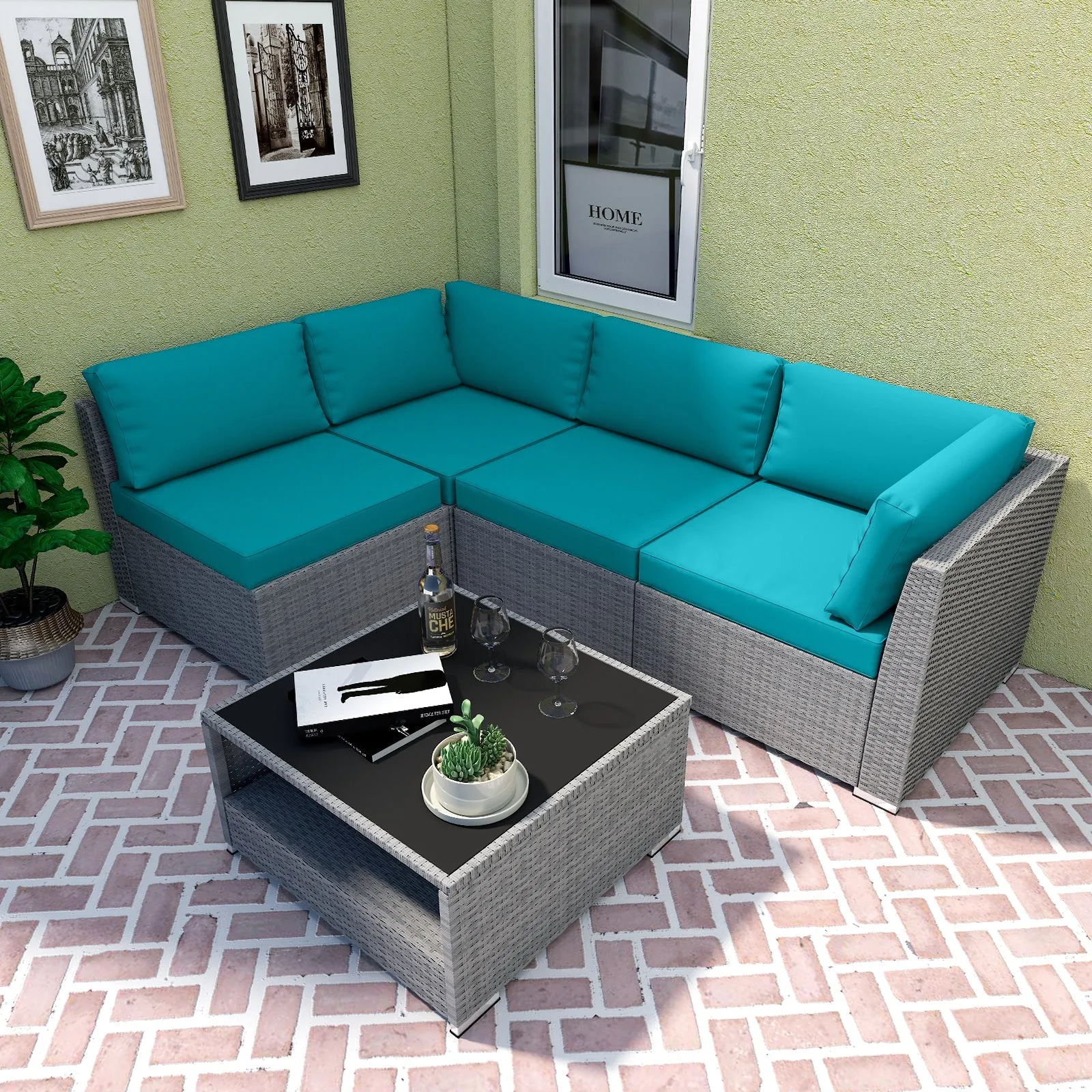 5 Piece Outdoor Wicker Patio Furniture Set with Coffee Table for 4 People