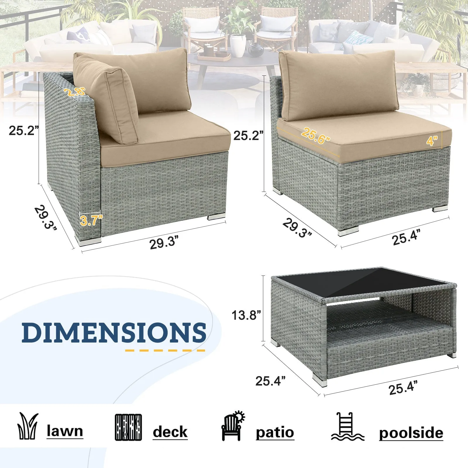 5 Piece Outdoor Wicker Patio Furniture Set with Coffee Table for 4 People