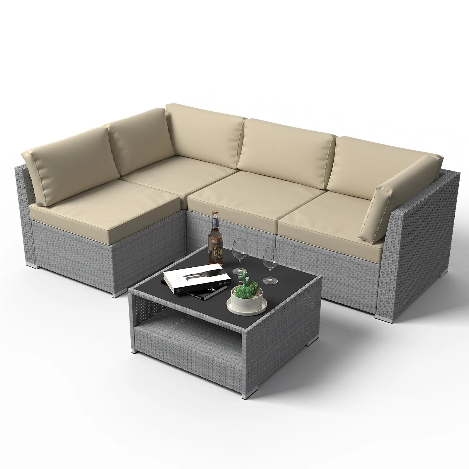 5 Piece Outdoor Wicker Patio Furniture Set with Coffee Table for 4 People
