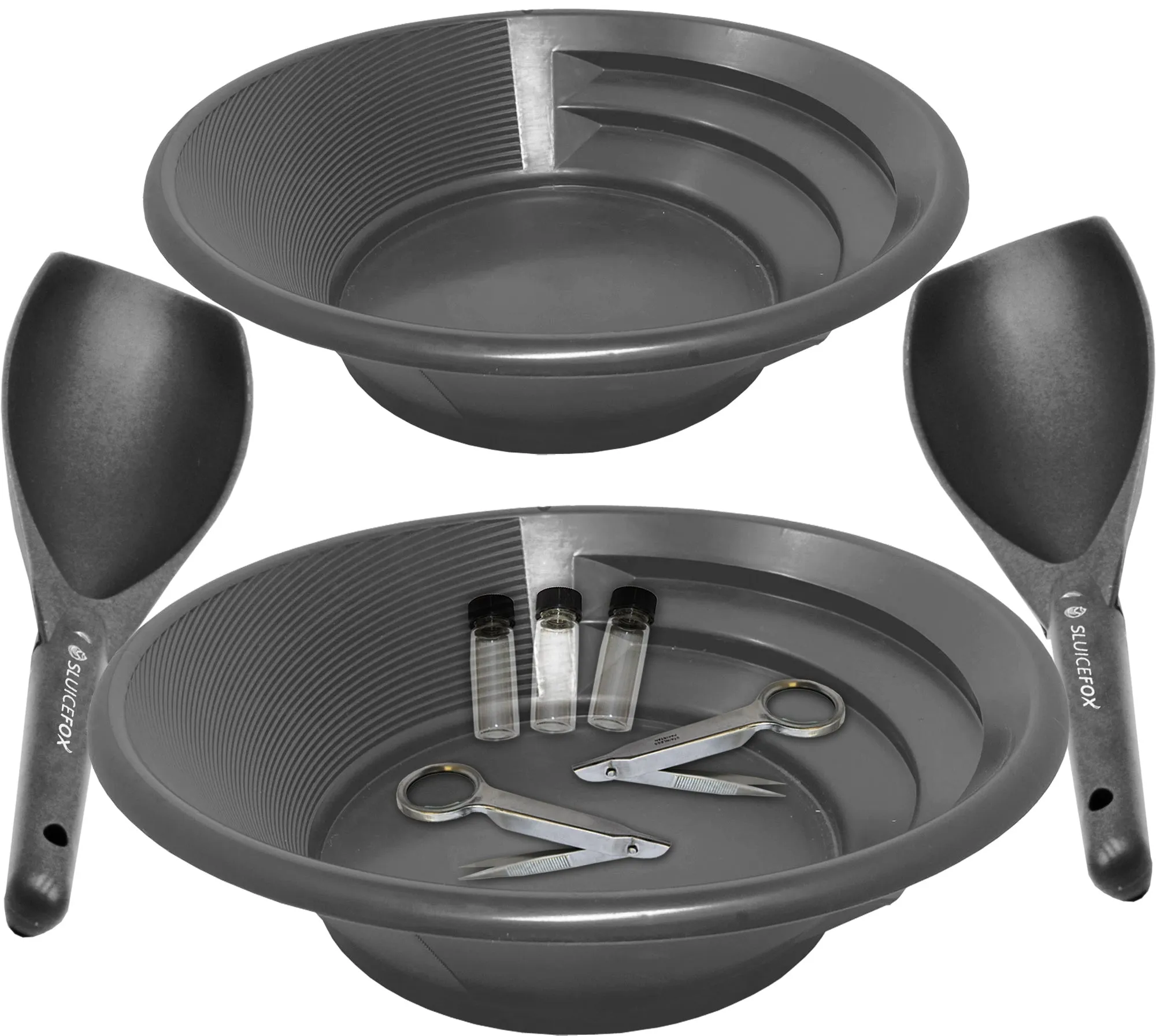 Gold panning kit for two; Two green gold pans with gold trap and dual riffles, two plastic gold paydirt shovels, two stainless steel magnifying tweezers, and three glass gold storage vials