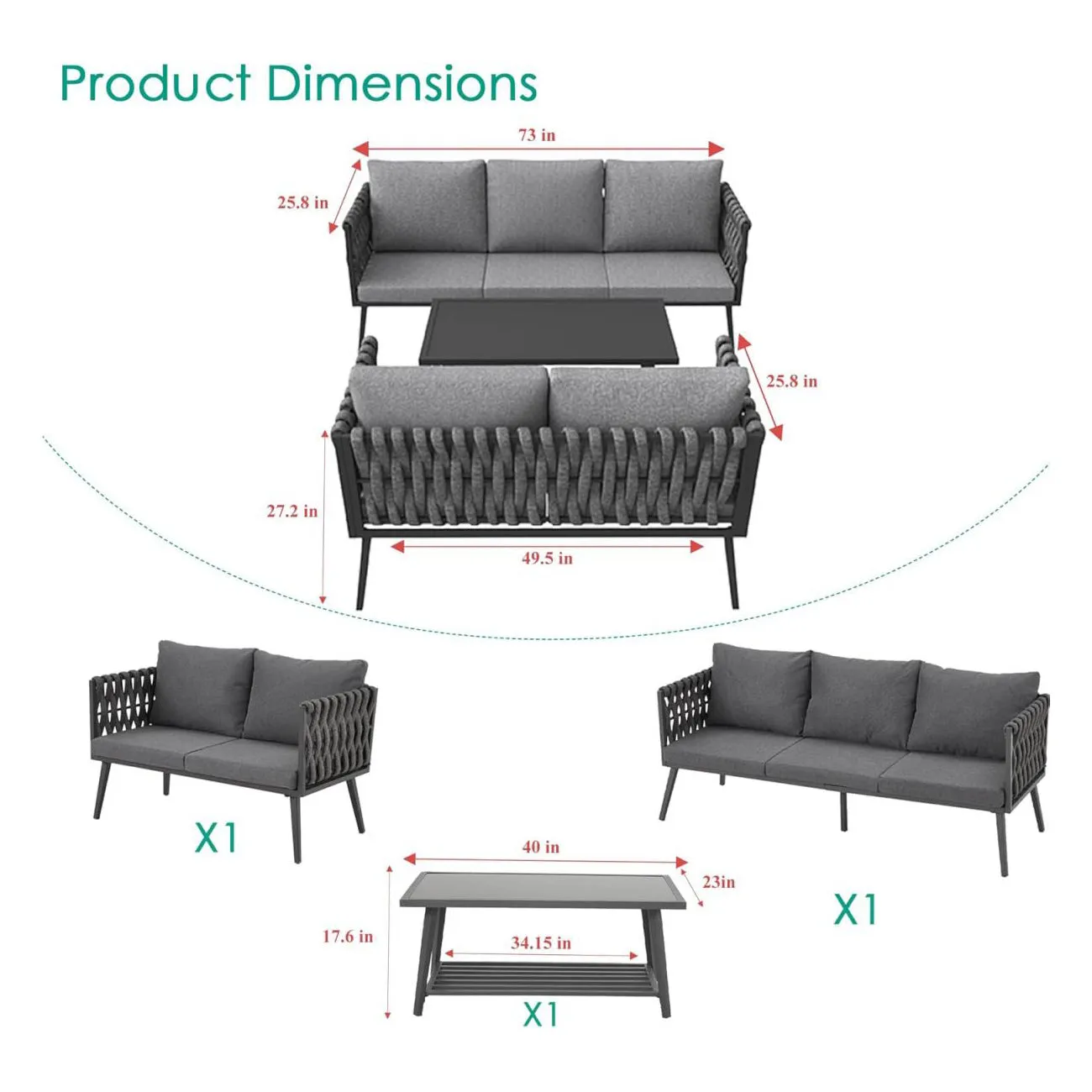 Homrest 3 Pieces Woven Rope Patio Furniture Set with Coffee Table, Dark Gray