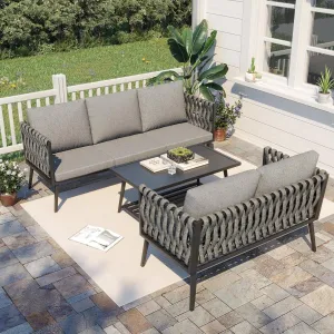 Homrest 3 Pieces Woven Rope Patio Furniture Set with Coffee Table, Dark Gray