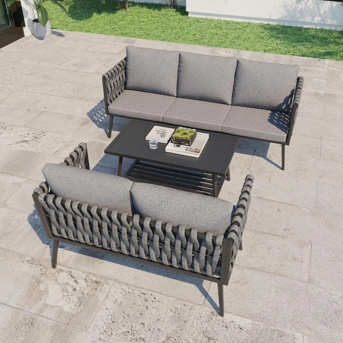 Homrest 3 Pieces Woven Rope Patio Furniture Set with Coffee Table, Dark Gray