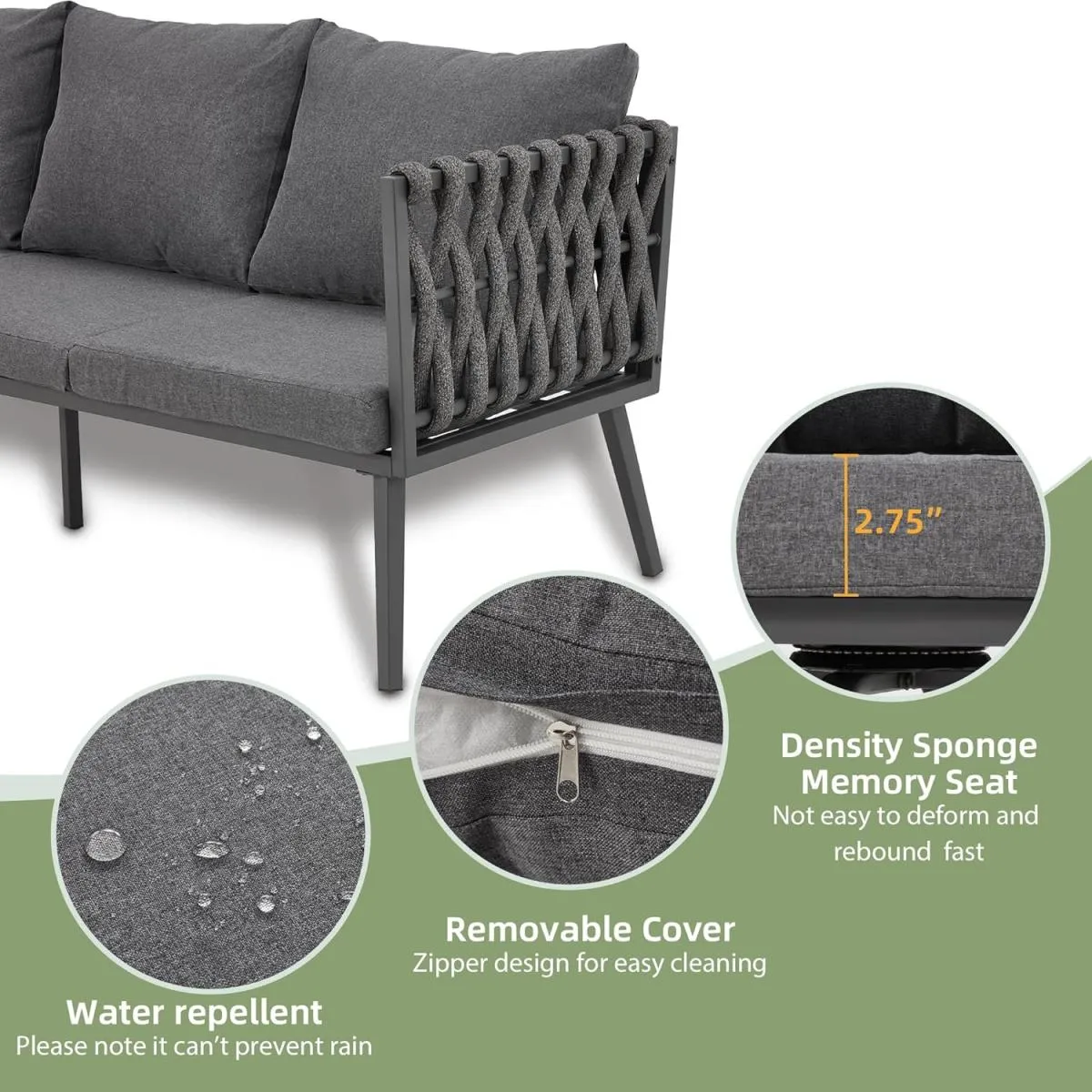 Homrest 3 Pieces Woven Rope Patio Furniture Set with Coffee Table, Dark Gray