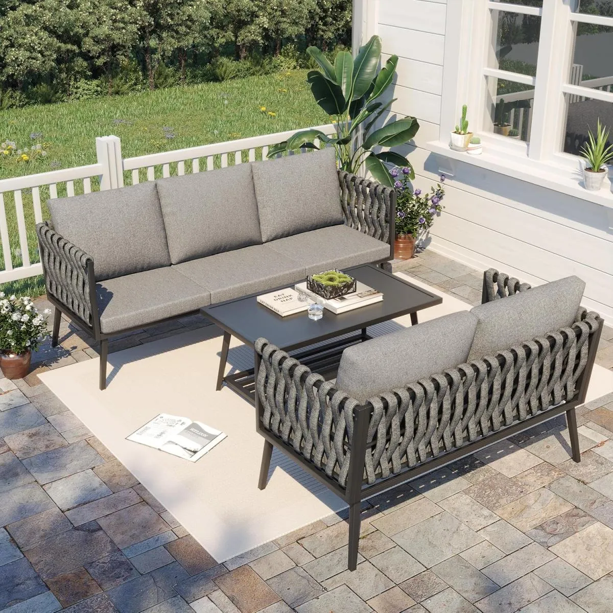 Homrest 3 Pieces Woven Rope Patio Furniture Set with Coffee Table, Dark Gray