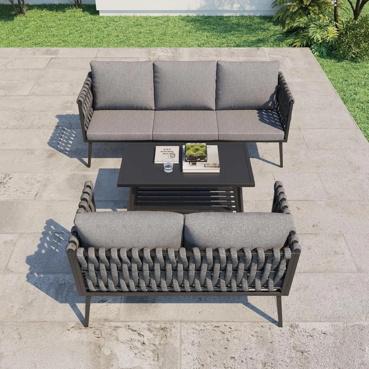 Homrest 3 Pieces Woven Rope Patio Furniture Set with Coffee Table, Dark Gray