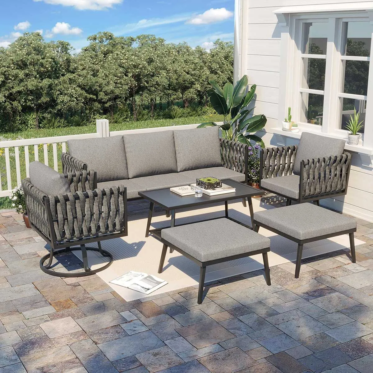 Homrest 6 Pieces Patio Furniture Set with Woven Swivel Sofa Set and Coffee Table, Dark Gray