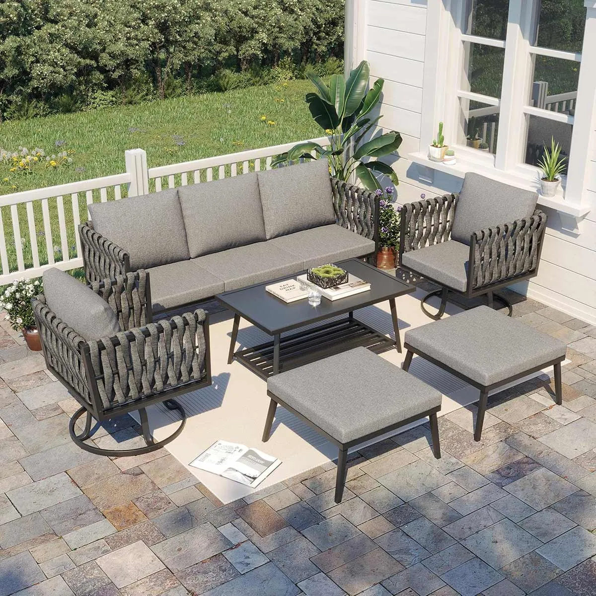 Homrest 6 Pieces Patio Furniture Set with Woven Swivel Sofa Set and Coffee Table, Dark Gray