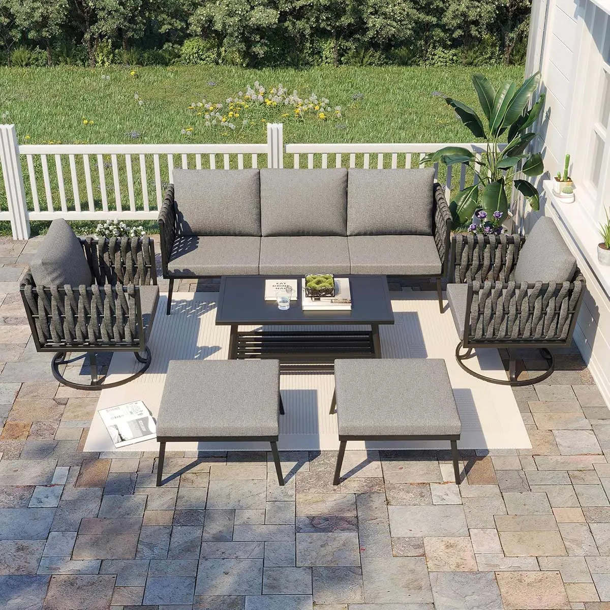 Homrest 6 Pieces Patio Furniture Set with Woven Swivel Sofa Set and Coffee Table, Dark Gray