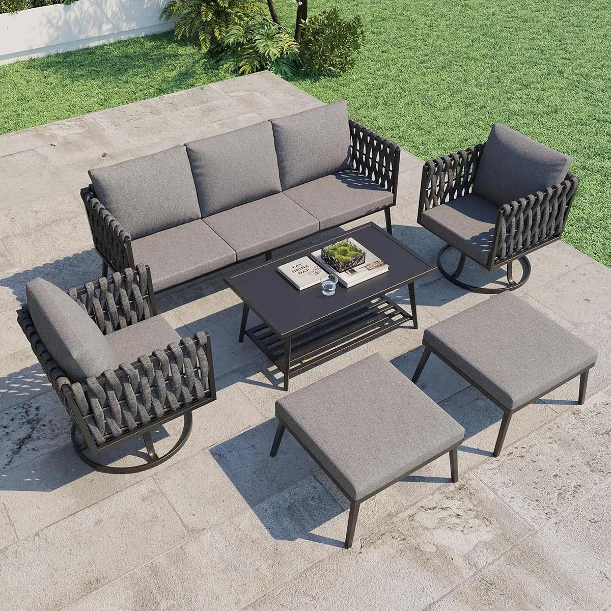 Homrest 6 Pieces Patio Furniture Set with Woven Swivel Sofa Set and Coffee Table, Dark Gray