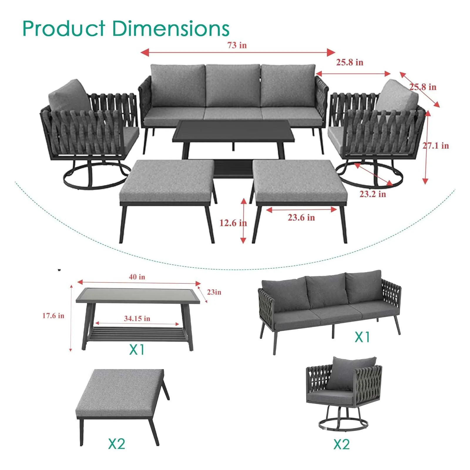 Homrest 6 Pieces Patio Furniture Set with Woven Swivel Sofa Set and Coffee Table, Dark Gray