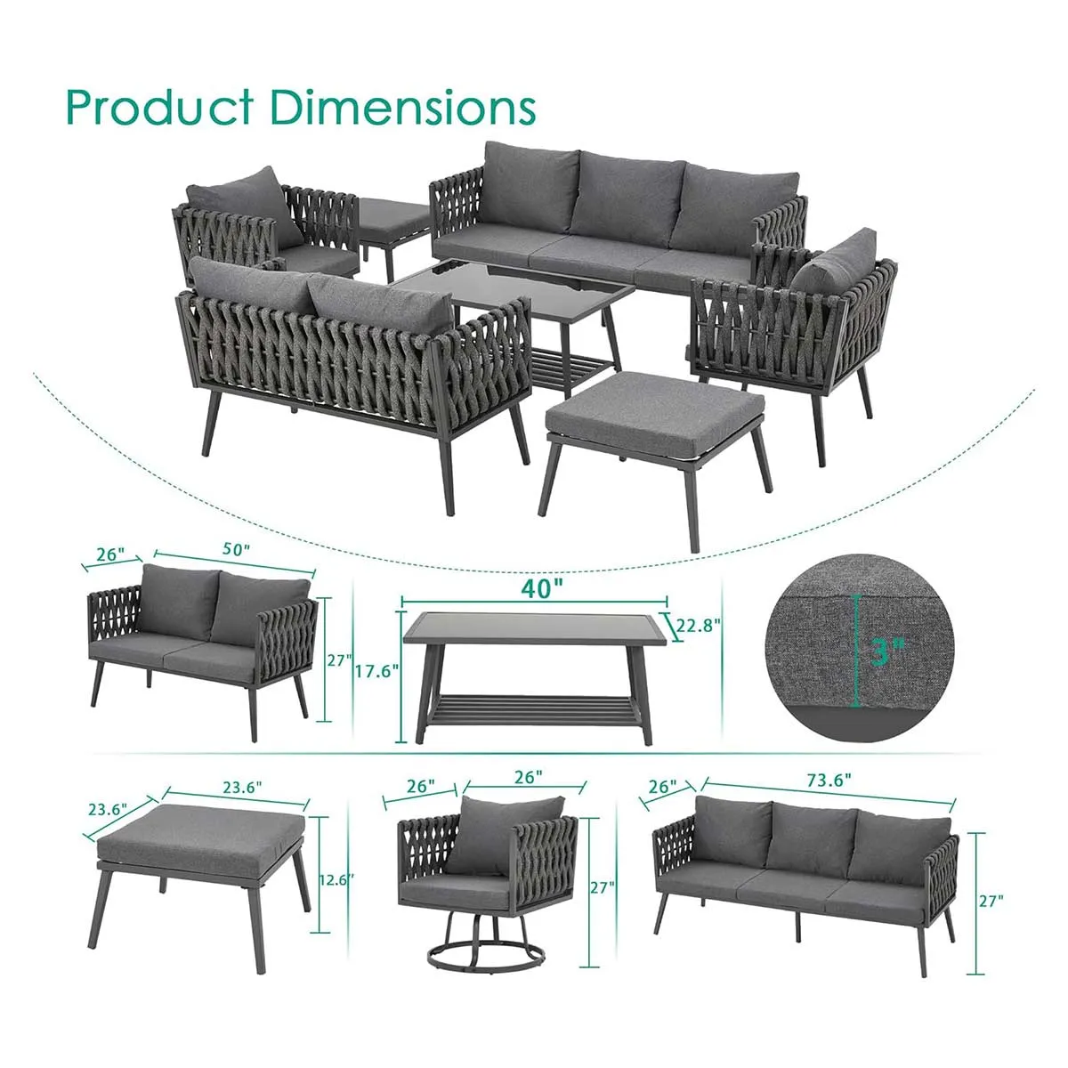 Homrest 7 Pieces Patio Furniture Set with Woven Rope Chairs and Coffee Table, Dark Gray