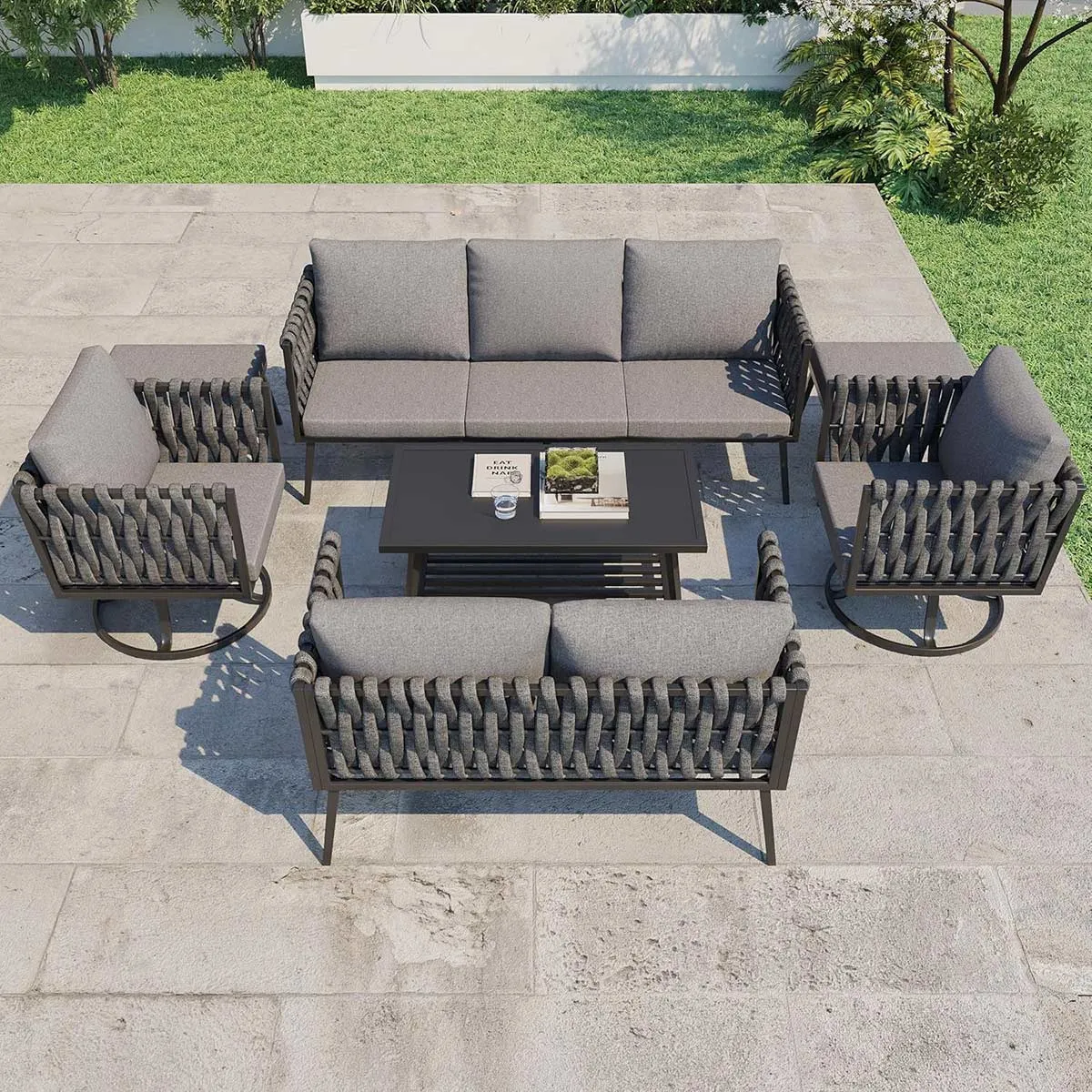Homrest 7 Pieces Patio Furniture Set with Woven Rope Chairs and Coffee Table, Dark Gray
