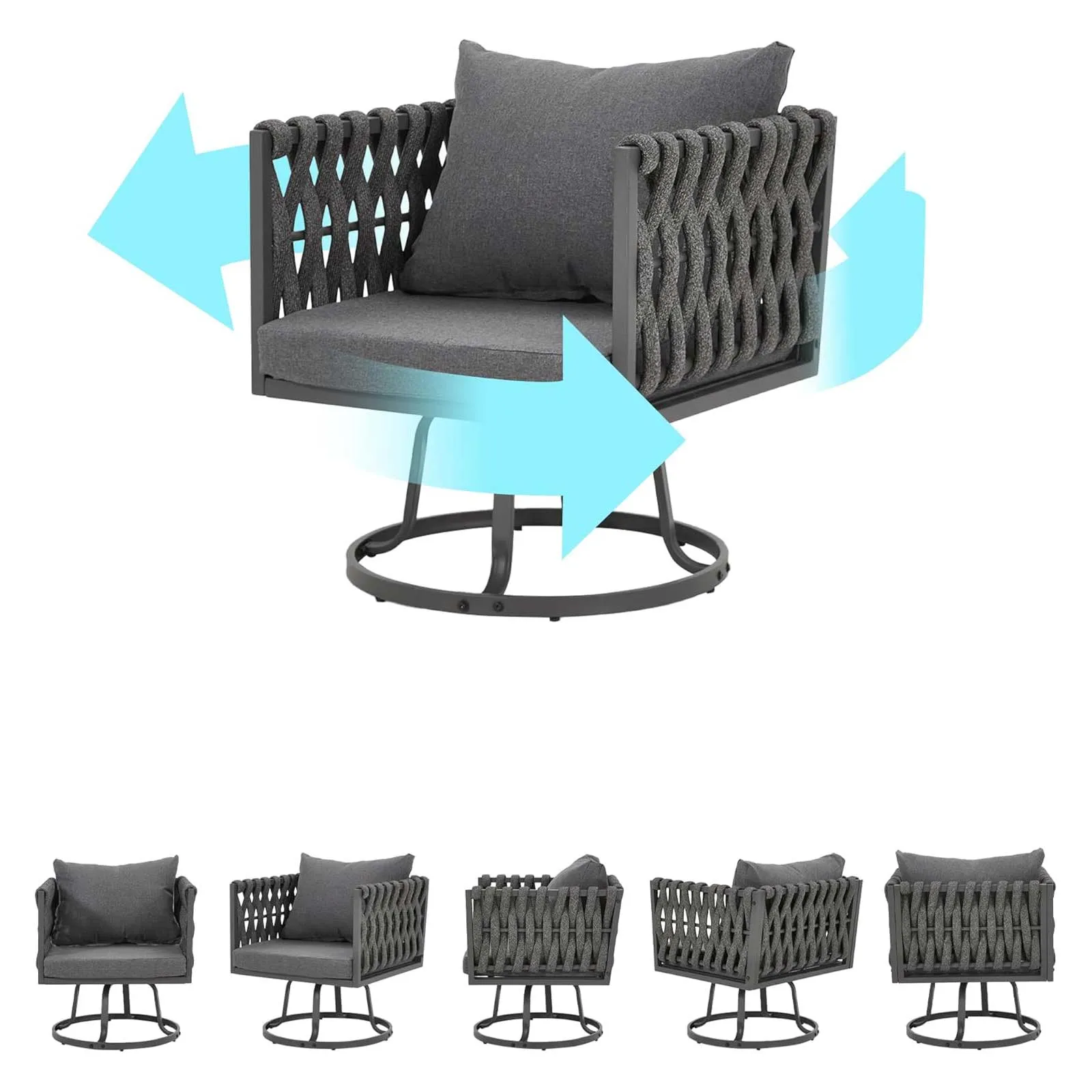 Homrest 7 Pieces Patio Furniture Set with Woven Rope Chairs and Coffee Table, Dark Gray
