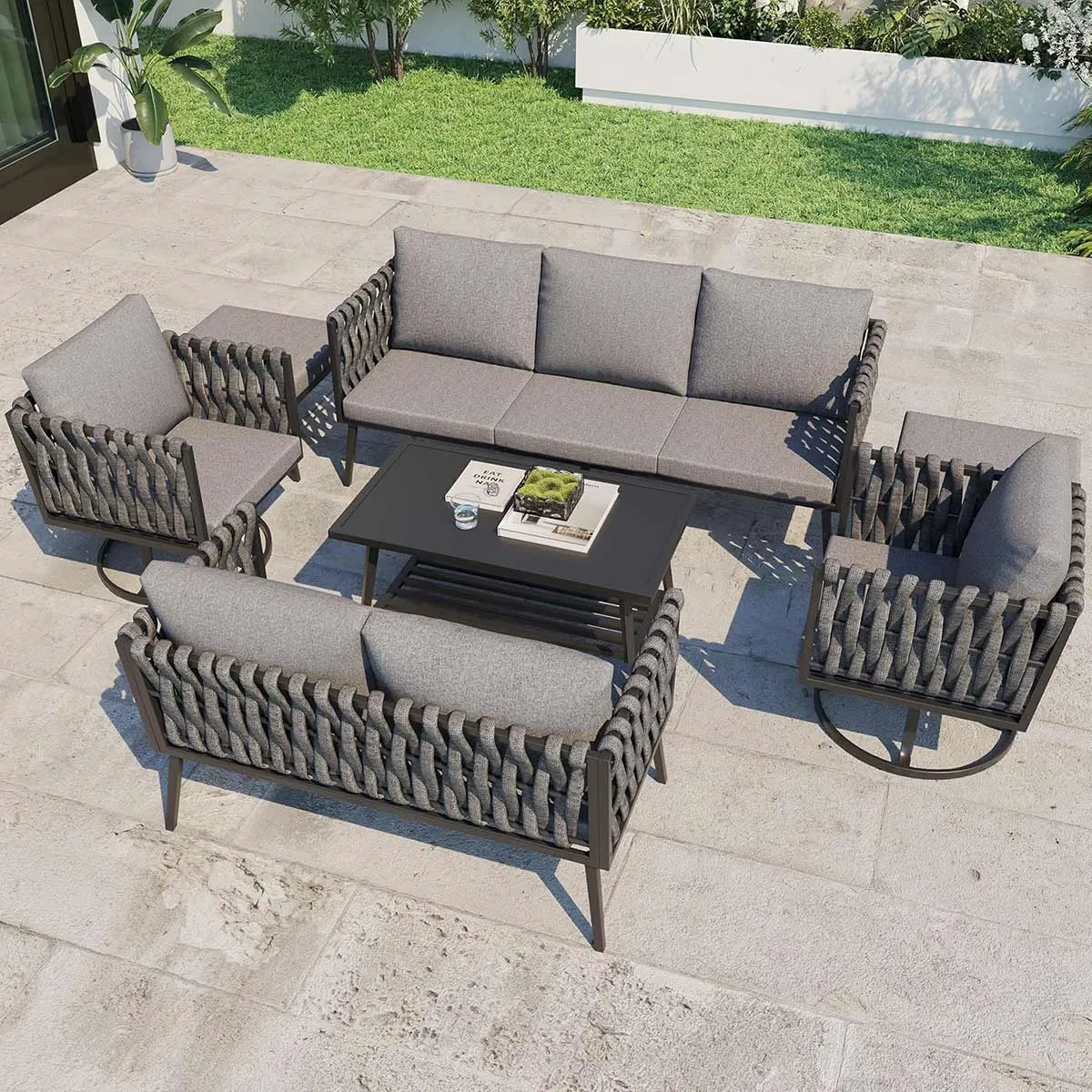Homrest 7 Pieces Patio Furniture Set with Woven Rope Chairs and Coffee Table, Dark Gray