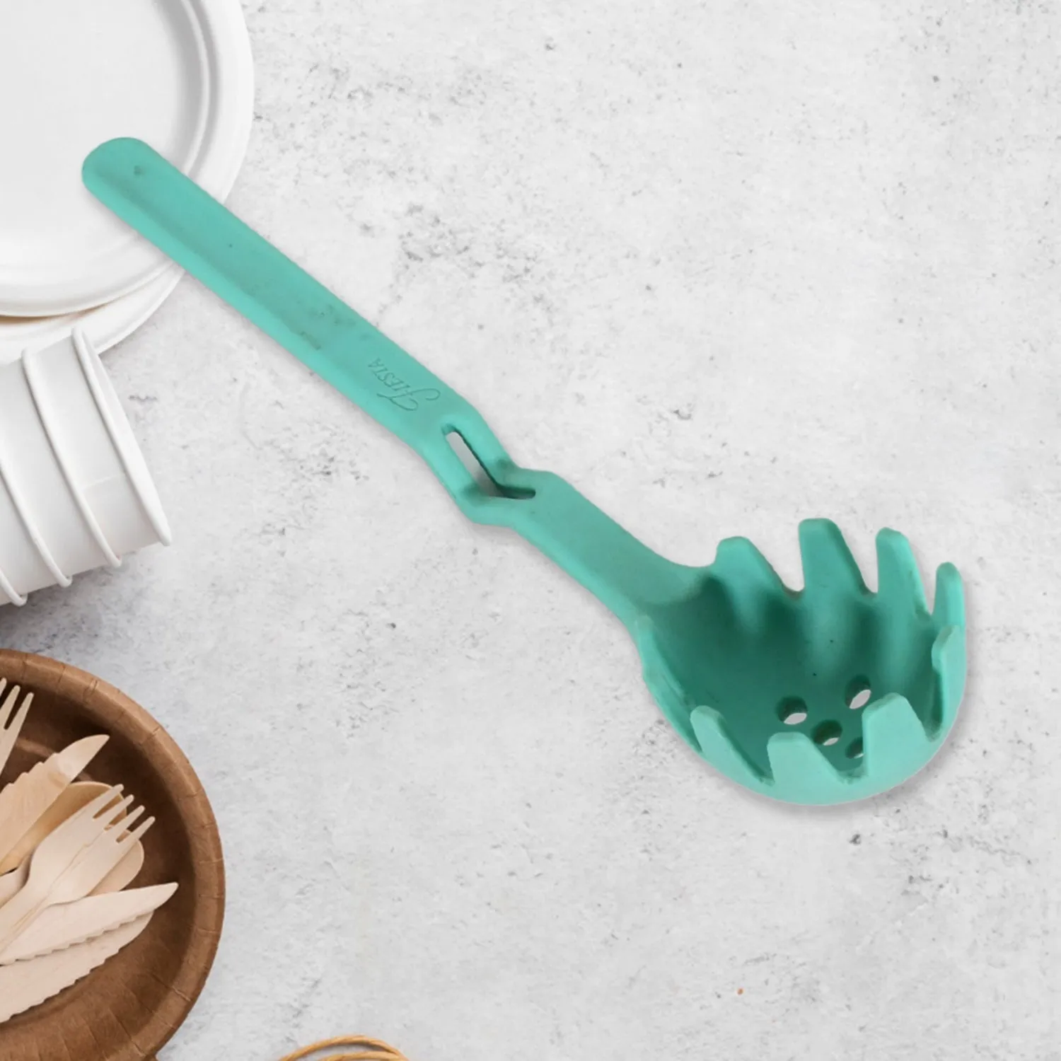 Premium XL Silicone Pasta Fork, High Heat Resistant to 600F, Hygienic One Piece Design, Spaghetti Strainer & Server Spoon