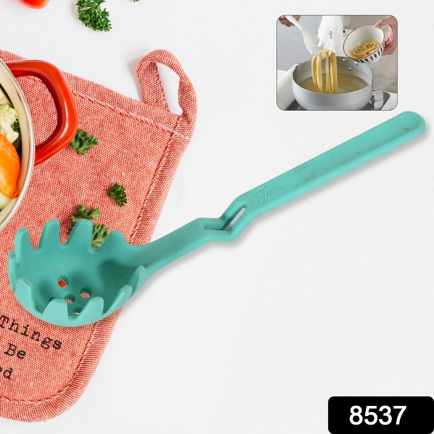 Premium XL Silicone Pasta Fork, High Heat Resistant to 600F, Hygienic One Piece Design, Spaghetti Strainer & Server Spoon